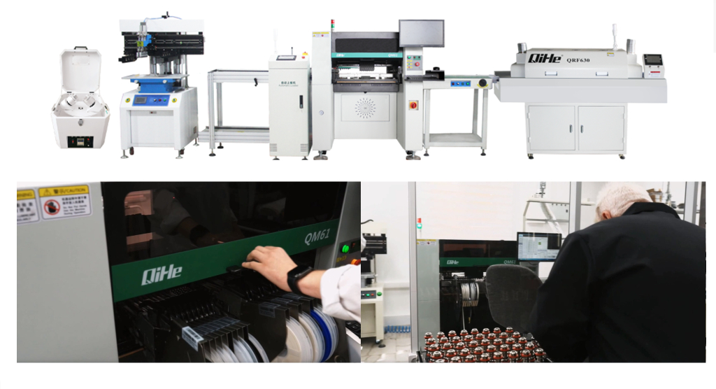 Today we watching a customer video about Qihe automatic SMT line including QM61 SMT Pick and place machine , QP3250 stencil printer , QRF630 reflow oven ect