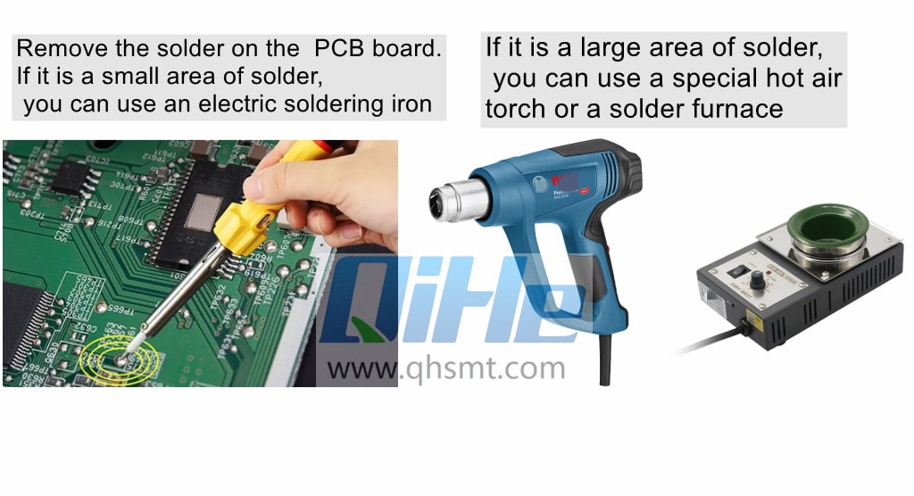 The first method
First shake off the solder in the soldering iron, and melt the solder again. It can be repeated several times
Find a short section of multi-strand wire, attach rosin, melt together with the circuit board soldering, and take the cable away while it is hot, you can remove the excess solder.
If it is a large area of solder, you can use a special hot air torch or a solder furnace.