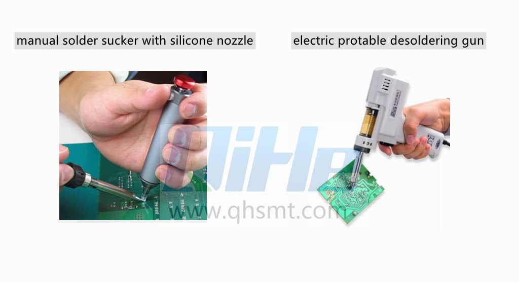 The second method
Clean up excess solder scars after circuit board soldering
Use industrial ethanol (or more than 95% ethanol), and use a soft brush dipped in ethanol to brush if it is very dirty.
Then blot with degreased cotton wool.
It is more convenient to use a tin suction device(protable desoldering gun,manual desoldering gun,electric desoldering gun,manual solder sucker,electric solder sucker), and the double-sided circuit board is more troublesome. Use the needle of the syringe to inject the soldering hole, insert and rotate the electric soldering iron after heating. Or take a piece of flexible wire (copper wire) and bring it up when it is melted.
If there is no tin suction device, you can quickly shake the printed board to shake off the tin slag while heating. Be sure to pay attention to safety and do not swing too much. When soldering with a soldering iron, remove the excess solder from the soldering iron tip to throw off the tin.